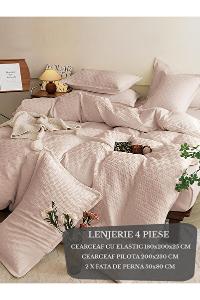 Patul Lenjerie de Pat, Bumbac Finet Creponat, 4 Piese, Cearceaf cu elastic