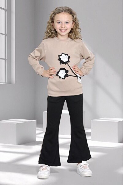 mhk burç bebe Girl's Floral Top and Bottom Set – Sweatshirt and Flared Pants - Ages 2 - 9