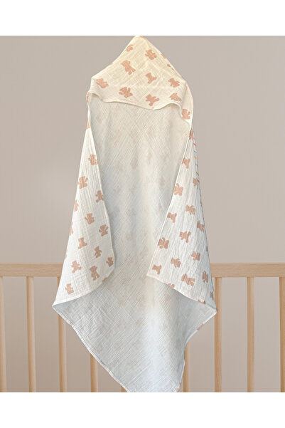 sarpelier Büyük Boy Kapüşonlu Ayıcık Desen Müslin %100 Pamuk Bebek & Çocuk Müslin Battaniye 100x100cm