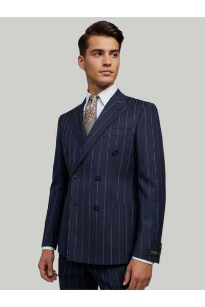 HERMOSE Navy Blue Striped Modern Fit Double-Breasted Piece Suit – Premium Collection