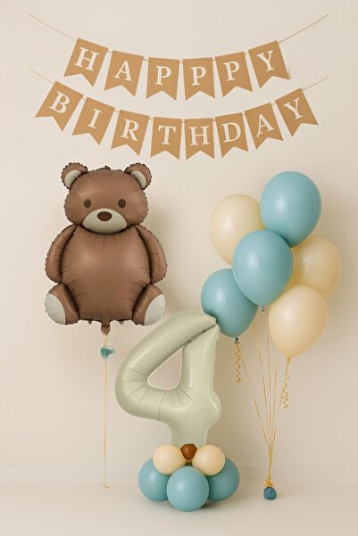 PARTİAVM Cute Retro Teddy Bear Balloon Set Bear Themed 4Th Birthday Balloon Set Happy Birthday Banner