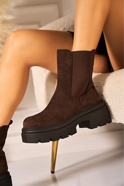 Joana Καφέ γυναικείες μπότες με επένδυση από γούνα από τεχνητό σουέτ