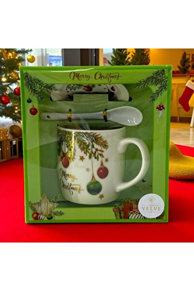 velve Σετ κεραμικής κούπας, πιατακιού και κουταλιού, Καλά Χριστούγεννα, συσκευασμένο σε κουτί με παράθυρο, 200ml