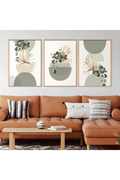 ARTCASTLE Set de 3 tablouri cu ramă din lemn, verde salvie