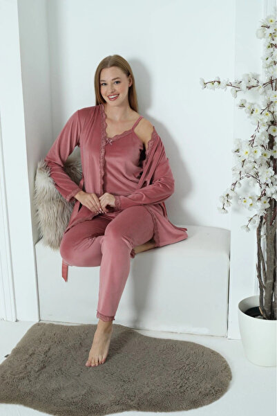 Pijamoni Women's French Velvet 3-Piece Stylish Strap Dusty Rose Pajama Set - 5545