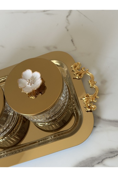 Melinda Glass Bowl with Flower Figure and Gold Handle Detail, Breakfast Jam Bowl, Snack Bowl Set