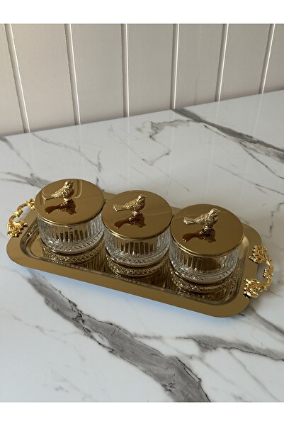 Melinda Bird Figured Gold Tray Glass Bowl with Gold Handle Detail Breakfast Jam Bowl Snack Bowl Set