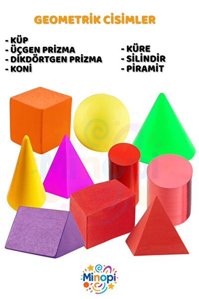 Minopi Geometrik Cisimler ve Şekiller 1 Paket Matematik Ders Materyali 10 Parça Prizma Küp Silindir Küp Kon