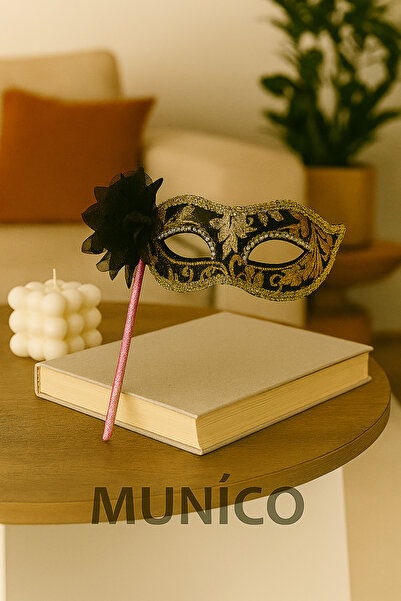 Munico Siyah Lüks Taşlı Saplı Balo Maskesi 35 cm El Tutmalı Altın İşlemeli Çi...