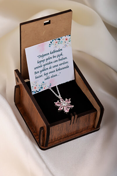 ernsilver Özel Ahşap Hediye Kutulu Pembe Herbaryum Kolye 925 Ayar Gümüş Kapla...