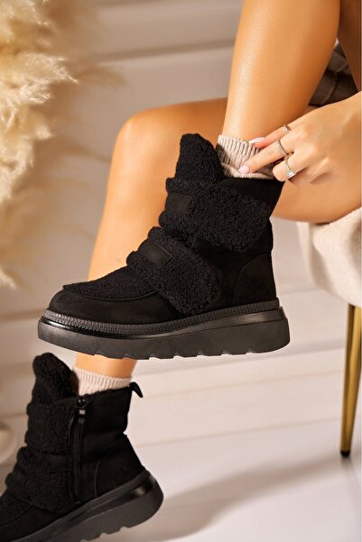 Joana Μαύρες μπότες Samaya με επένδυση fleece σουέτ