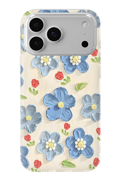 FLAMENKO iPhone 17 Pro Max Uyumlu Mavi Yağlı Boya Çiçek Desenli Şeffaf Telefo...