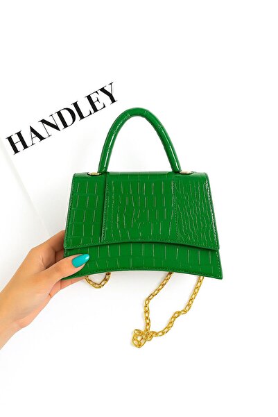 Handley حقيبة يد وكتف من جلد التمساح مطبوع – تصميم فاخر مع حزام سلسلة ذهبية