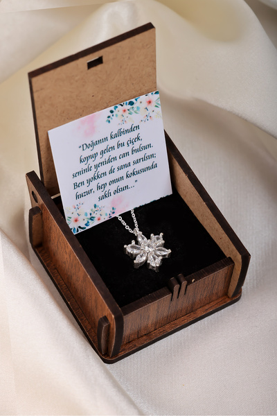 ernsilver Özel Ahşap Hediye Kutulu Beyaz Herbaryum Kolye 925 Ayar Gümüş Kapla...