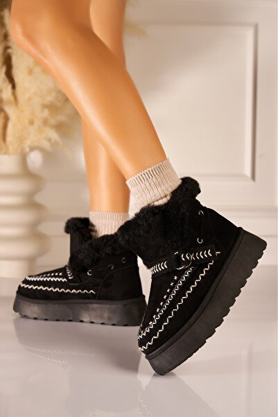 Joana Ghete de damă negre din piele întoarsă artificială, cu căptușeală din blană, Cherri