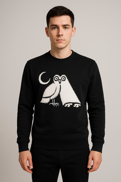 YusGos Unisex Men/Women High Quality Owl Embroidered Cotton Hooded Crew Neck Black Sweatshirt