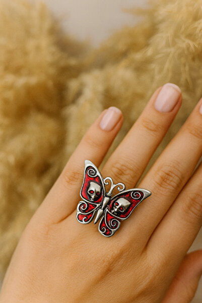 Herşey Nota خاتم الفراشة الحمراء مع تمثال الجمجمة - رمز القوطي للموت والتحول ...