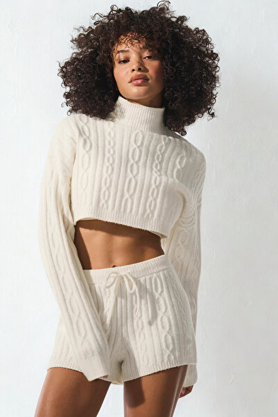 HepsitrentStore High Neck Crop Length Long Sleeve Knit Sweater