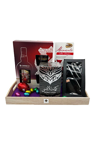velve Stars gift package, Chivas Regal 12Yo set, two glasses, Arabic perfume, lighter, pen, knife, pralines