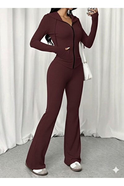 JANES Women's Long Sleeve Hooded Lace-Up Front Zipper Viscose Two Thread Blouse and Pants Two-Piece Set