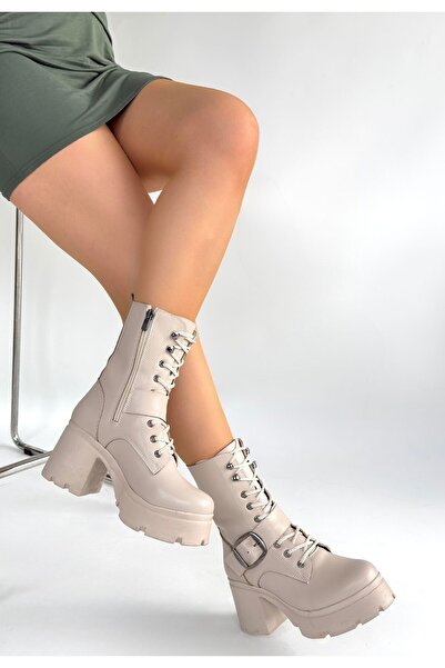 Optimum Trade Linma Beige Leather Lace-Up Heeled Boots - Lisinya