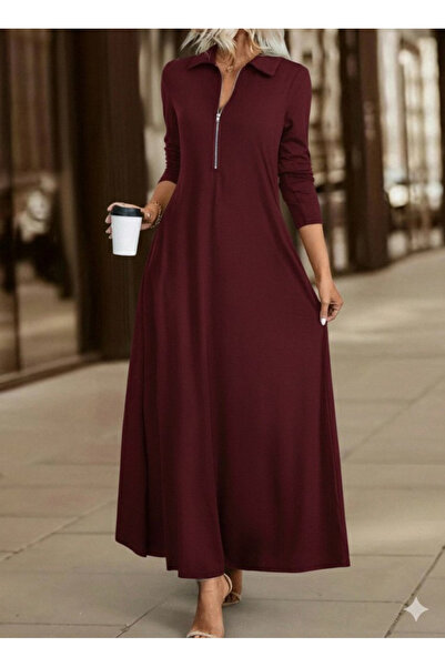 civetta Women's Long Sleeve Collared Front Zipper Long Viscose Two Thread Dress
