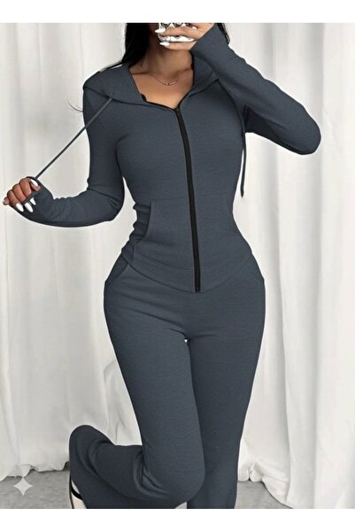 JANES Women's Long Sleeve Hooded Lace-Up Front Zipper Viscose Two Thread Blouse and Pants Two-Piece Set