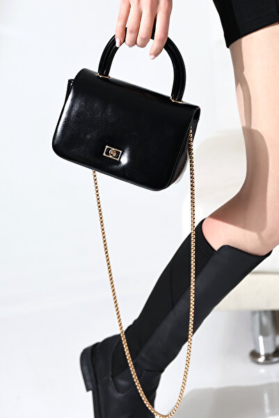 Encool Geantă de mână și de umăr elegantă, model cutie mică, neagră, cu lanț auriu și mâner