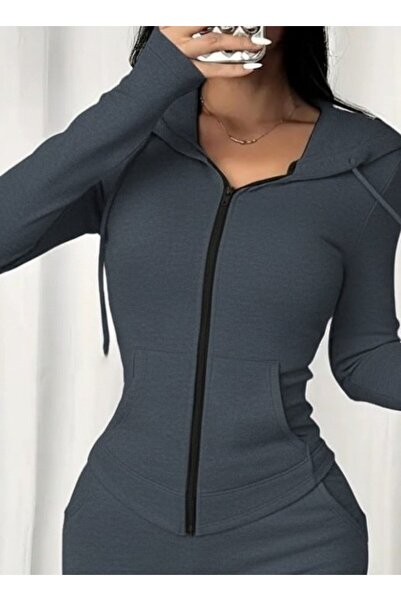 MODA Eyesof Women's Long Sleeve Hooded Lace-Up Front Zipper Viscose Two Thread Blouse and Pants Two-Piece Jewelry