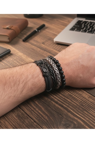 E&F Takı 4-Piece Infinity Black Figured Genuine Leather Bracelet Men's Leather Bracelet