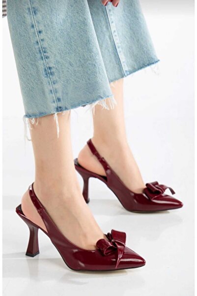 oliviashoes Women's Burgundy Patent Leather Bow Detailed Open Back Thin Heeled Shoes