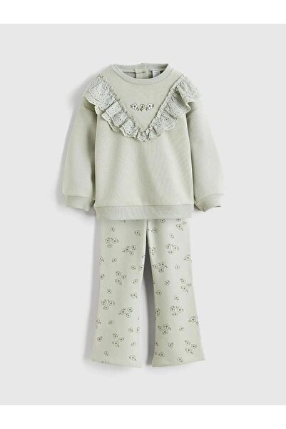 LC Waikiki Ruffled Floral Baby Girl Sweatshirt and Leggings (W5)