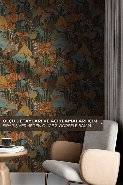 Pluswall Japon Sanatı Soyut Dağlar Kendinden Yapışkanlı Yatak Odası Duvar Kağıdı