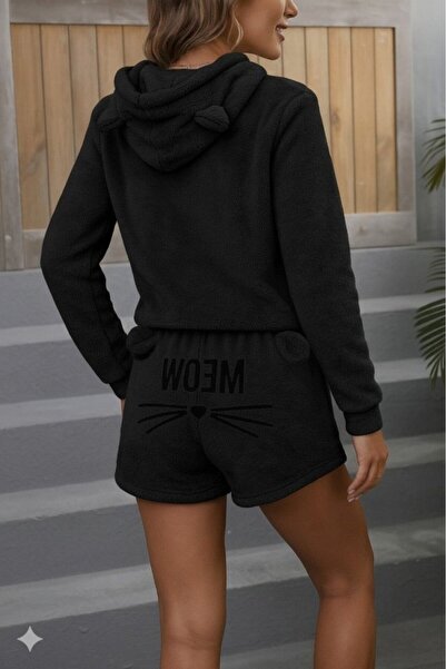 TUA MODA TUA MODA Kadın Uzun Kollu Kapşonlu Peluş Bluz Ve Kısa Short Ikili Takım