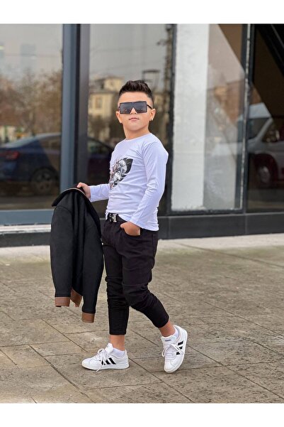 KINGDOM KIDS Erkek Çocuk Kışlık 3’lü Takım (Süet Ceket + Baskılı Tişört + Keten Pantolon)