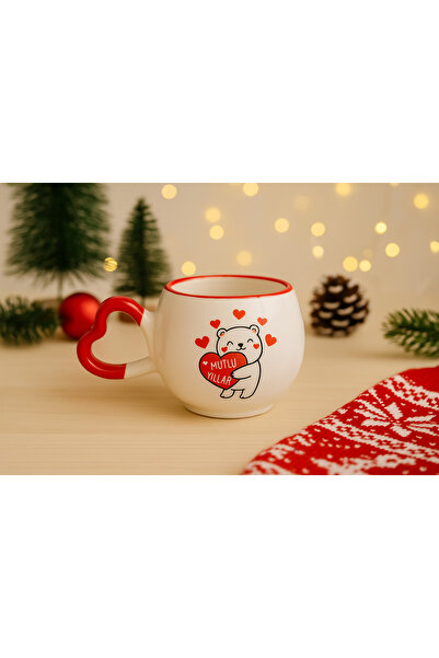 İZart Heart Handle Teddy Bear Christmas Patterned Entirely Handmade Ceramic Mug