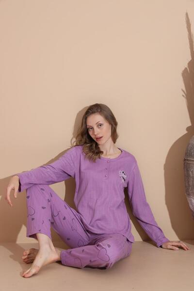 lindros Women's Cotton Button Collar Interlock Winter Pajama Set 05034 - 1 Piece