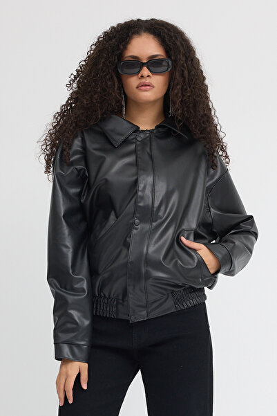 Jaglion سترة إلفرا قصة فضفاضة بي بي من الجلد الأسود العتيق