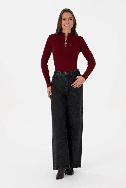 U.S. Polo Assn. Kadın Bordo V Yaka Fermuarlı Kazak 50316869-VR014