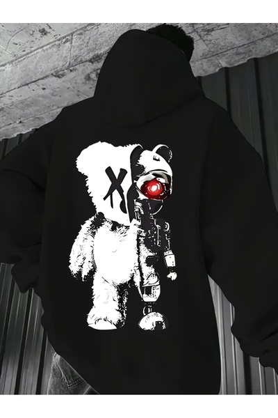 NEVERMIND هوديي للجنسين قصة فضفاضة باندا آند روبوت مطبوع باللون الأسود – سويت...