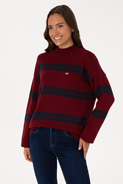 U.S. Polo Assn. Kadın Bordo Balıkçı Yaka Çizgili Kazak 50314666-VR014