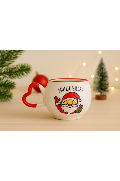 İZart Heart Handle Santa Claus Patterned Christmas Themed Entirely Handmade Ceramic Mug