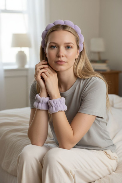 KANİNCHEN طقم تاج مكياج للسبا من القماش المنحني للسيدات وسوار لغسل الوجه