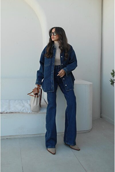 Havoş Modrá bunda s jedním kapsou a kalhoty Denim Set