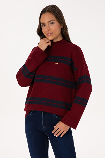 U.S. Polo Assn. Kadın Bordo Balıkçı Yaka Çizgili Kazak 50314666-VR014