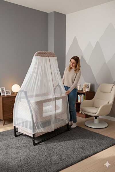 TURHANBEBE Nüans Keten Kumaş Portatif Anne Yanı Cibinlikli Mix Hamak Beşik