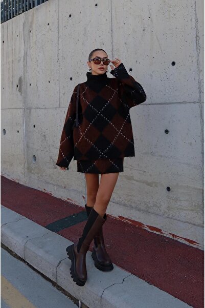 Havoş Brown Caridi Diamond Patterned Skirt and Sweater Set