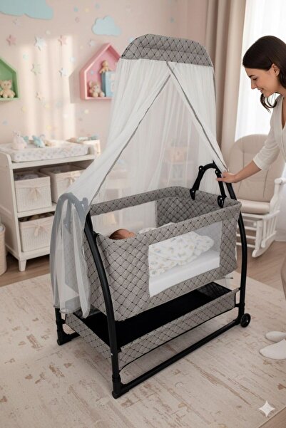 TURHANBEBE Nüans Keten Kumaş Portatif Anne Yanı Cibinlikli Mix Hamak Beşik