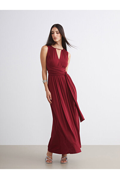 LC Waikiki Crew Neck Window Detail Gathered Evening Dress