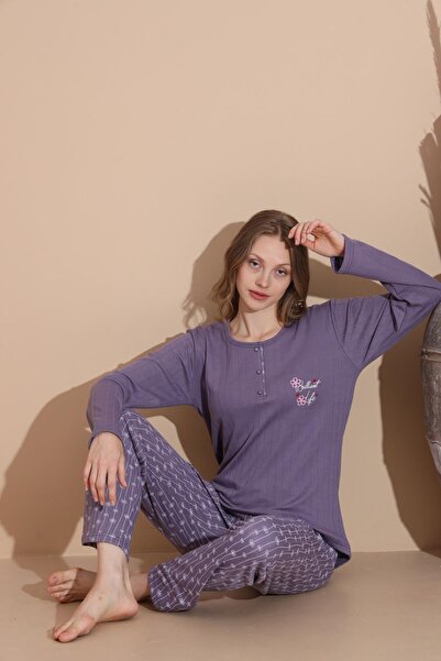 lindros Set de pijamale de iarnă din bumbac pentru femei, cu guler cu nasturi...